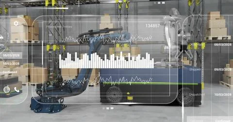 Image of diagrams and data processing over machines working in warehouse Illustrazione stock