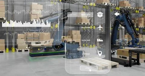 Image of diagrams and data processing over machines working in warehouse Stockillustratie