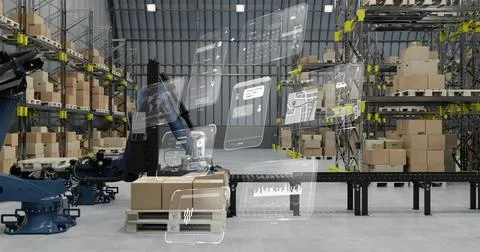 Image of diagrams and data processing over machines working in warehouse Illustrazione stock