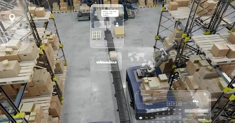 Image of diagrams and data processing over machines working in warehouse Illustrazione stock