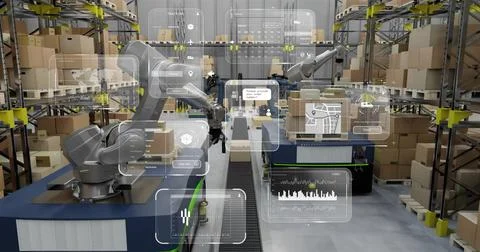 Image of diagrams and data processing over machines working in warehouse Stock Illustration