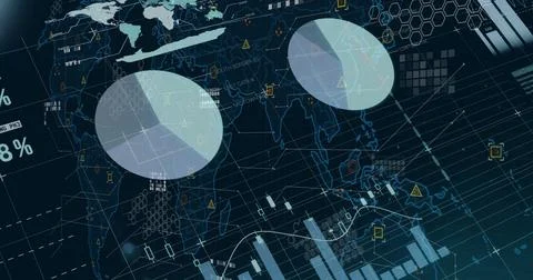 Image of diagrams and data processing over world map 스톡 일러스트