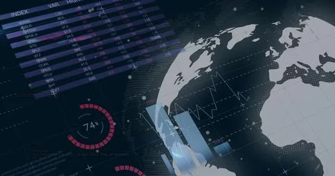 Image of diagrams and data processing over globe Stockillustratie
