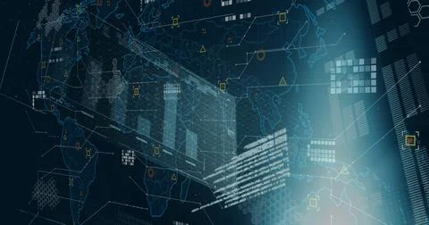 Image of diagrams and data processing over world map Stock Illustration
