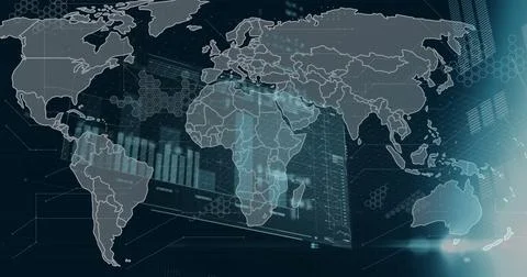 Image of diagrams and data processing over world map 스톡 일러스트