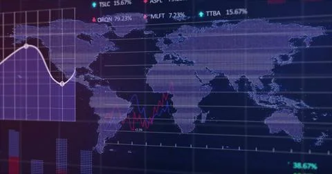 Image of diagrams and data processing over world map and stock market 스톡 일러스트