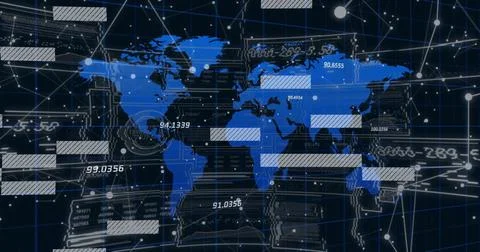 Image of diagrams and data processing over world map and interference Illustrazione stock