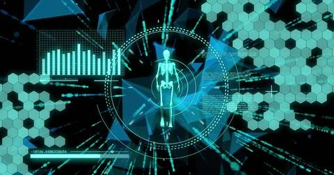 Image of diagrams and data processing over walking skeleton Stock Illustration