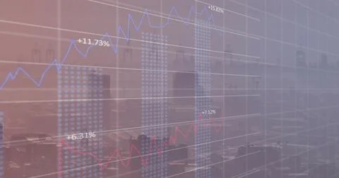 Image of diagrams and data processing over cityscape Illustrazione stock