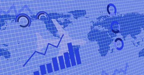 Image of diagrams and data processing over world map and plane Stock Illustration