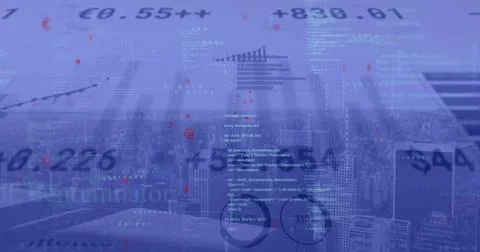 Image of diagrams and data processing over cityscape Stock Illustration