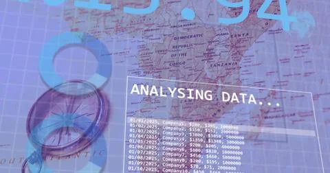 Image of diagrams and data processing over world map and compass Stock Illustration