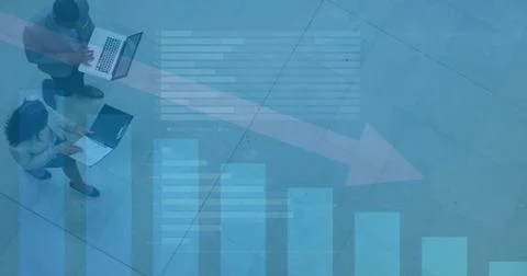 Image of diagrams and data processing over diverse colleagues using laptops 库存插图