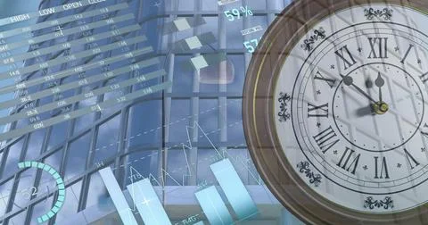 Image of diagrams and data processing with clock over cityscape Stock Photos