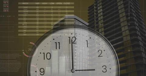 Image of diagrams and data processing with clock over cityscape Foto stock