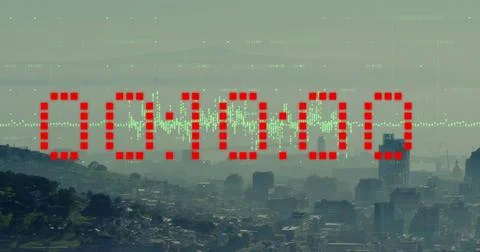 Image of diagrams and data processing with clock over cityscape Stockfoto's