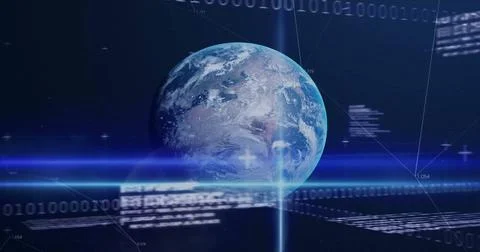 Image of diagrams and data processing over globe on blue background Foto stock
