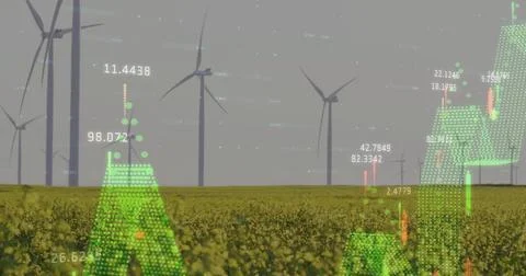 Image of diagrams and data processing over field with wind turbines Fotos Stock