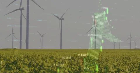 Image of diagrams and data processing over field with wind turbines Fotos Stock