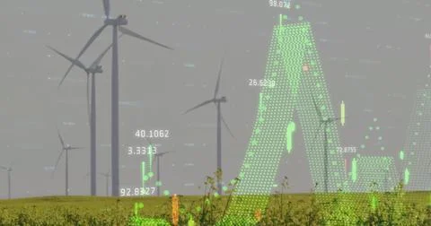 Image of diagrams and data processing over field with wind turbines 写真素材