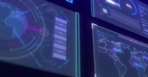 Image of diagrams and data processing on black background 写真素材