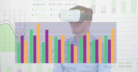 Image of diagrams and data processing over caucasian man using vr headset 写真素材