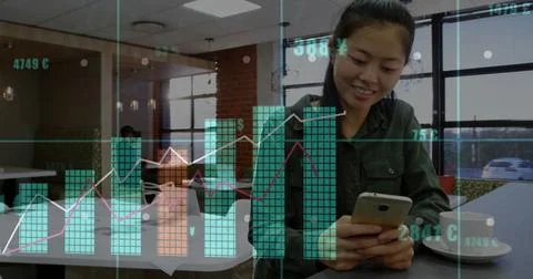 Image of diagrams and data processing over asian businesswoman using smartphone Stock Photos