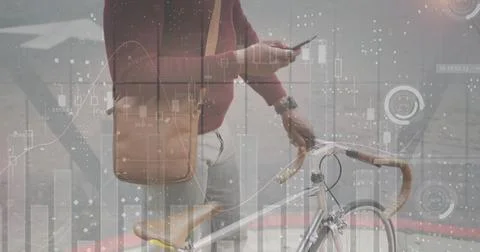 Image of diagrams and data processing over african american man using smartphone Stock Photos