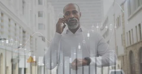 Image of diagrams and data processing over african american man talking on Stock Photos