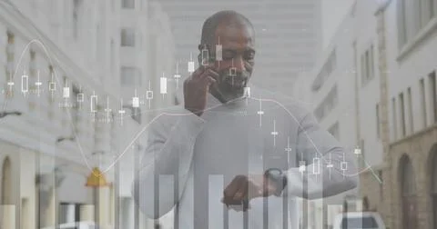 Image of diagrams and data processing over african american man talking on Stock Photos