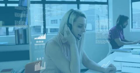 Image of diagrams and data processing over diverse colleagues using phone 스톡 사진