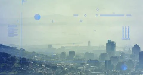 Image of diagrams and data processing over cityscape Foto stock