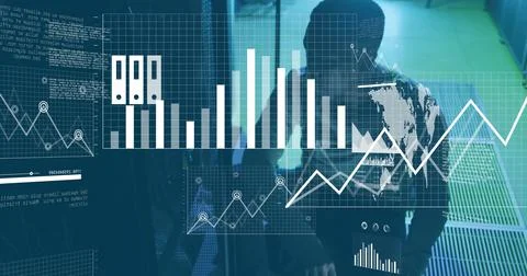 Image of diagrams and data processing over biracial male worker in server room Foto stock