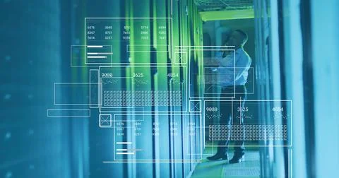 Image of diagrams and data processing over biracial male worker in server room Foto stock