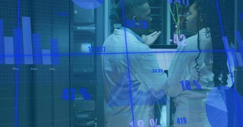 Image of diagrams and data processing over biracial workers in server room Foto stock
