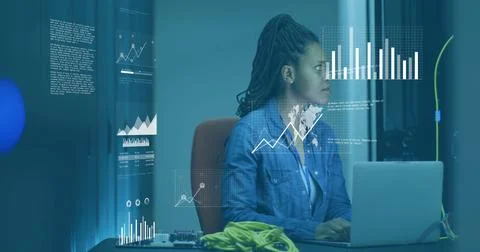 Image of diagrams and data processing over biracial female worker in server room Foto stock