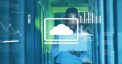 Image of diagrams and data processing over biracial male worker in server room Foto stock