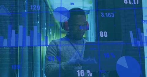 Image of diagrams and data processing over biracial male worker in server room 스톡 사진