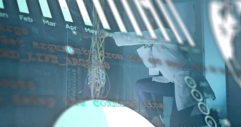 Image of diagrams and data processing over biracial female worker in server room Stock Photos