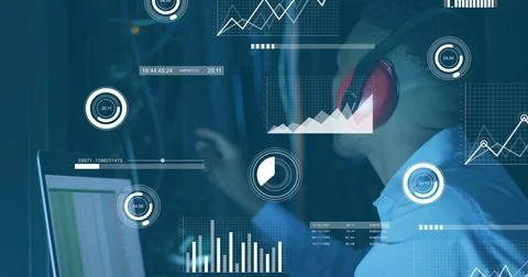 Image of diagrams and data processing over biracial male worker in server room 스톡 사진