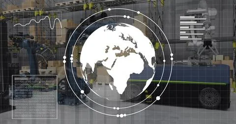 Image of diagrams and data processing over machines working in warehouse Foto stock