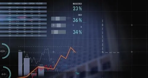 Image of diagrams and data processing over building Stock Photos