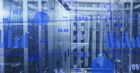 Image of diagrams and data processing over server room Stock Photos