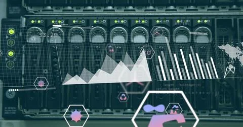 Image of diagrams and data processing over server room Stock Photos
