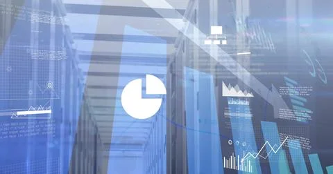 Image of diagrams and data processing over server room Stock Photos