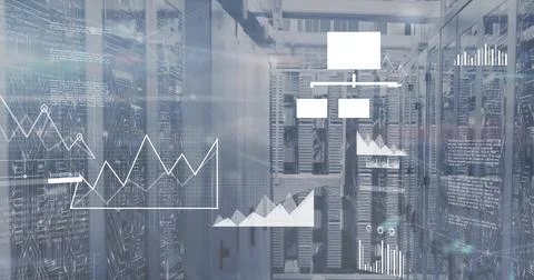 Image of diagrams and data processing over server room Stock Photos