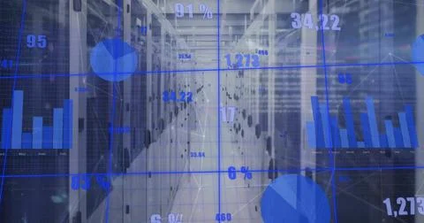 Image of diagrams and data processing over server room 스톡 사진