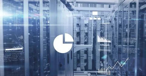 Image of diagrams and data processing over server room 스톡 사진