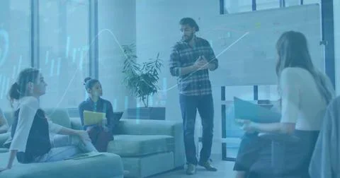 Image of diagrams and data processing over diverse colleagues talking in office Stock Photos