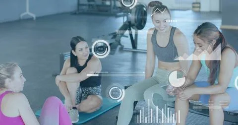 Image of diagrams and data processing over diverse women talking at gym Stock Photos